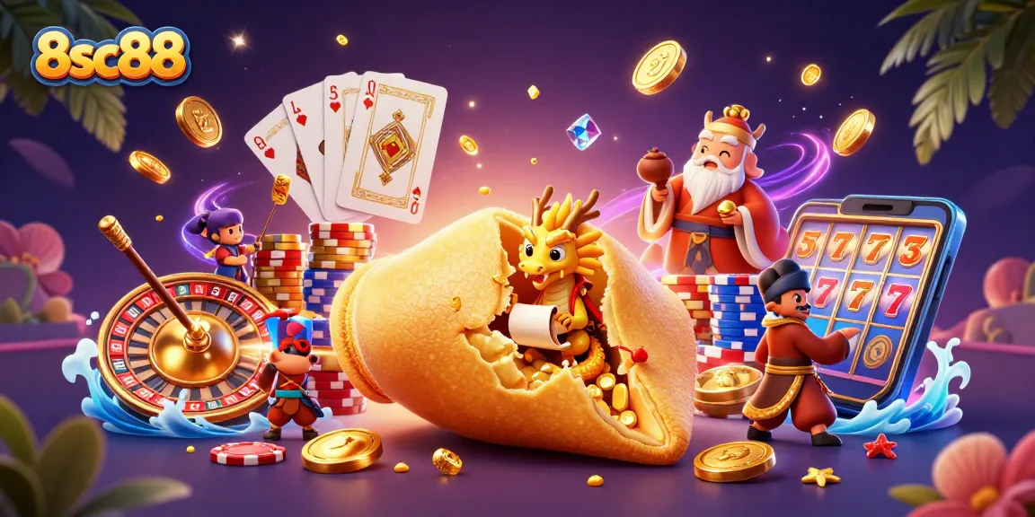 Engage with 8sc88 in this vibrant 3D casino scene, featuring a golden fortune cookie and dynamic game elements.