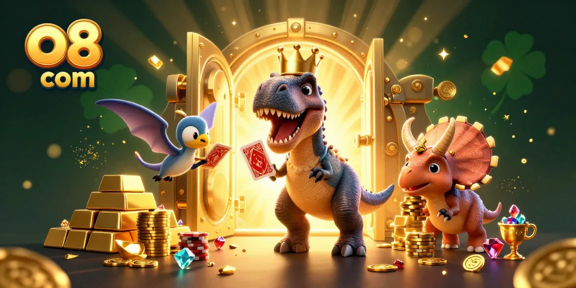 Experience big wins with o8 com featuring cartoon dinosaurs in a vibrant casino scene.