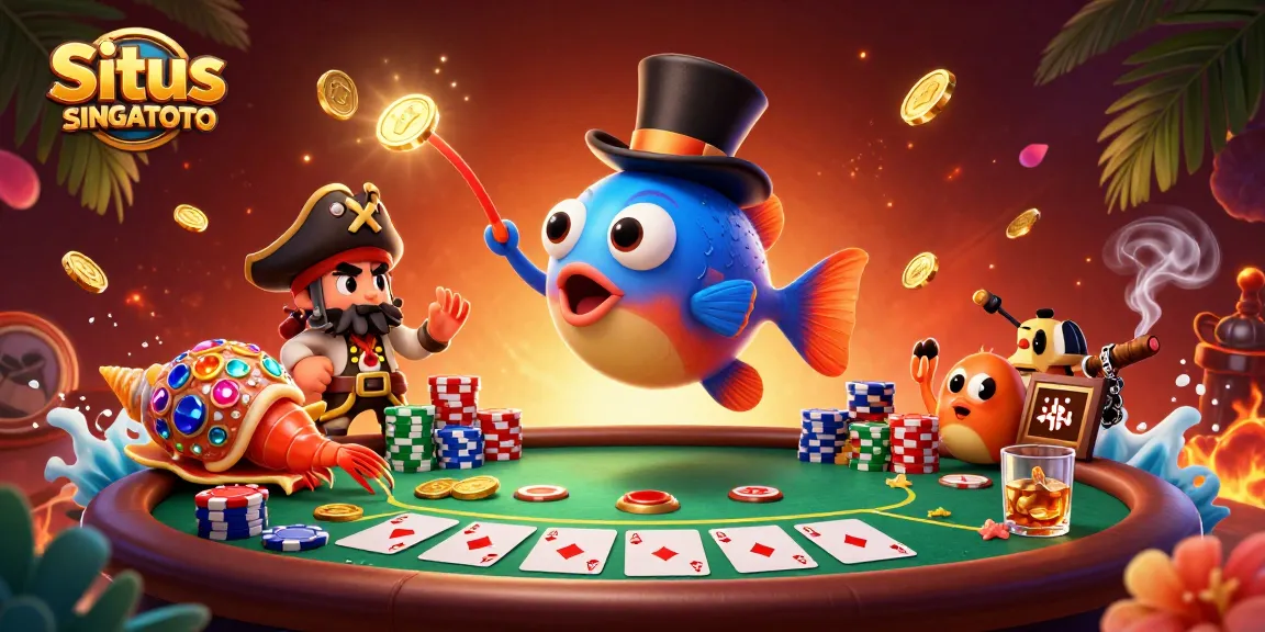 Situs SINGATOTO memikat dengan karakter ikan pemancing yang menggunakan pesona untuk menarik koin emas di kasino.