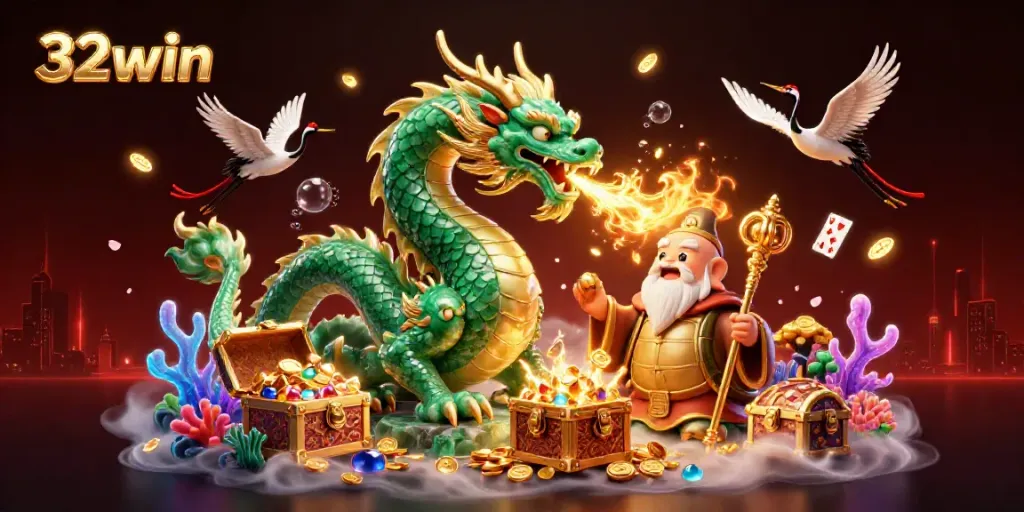 Engage in the luck of 32win with a vibrant casino scene showcasing mythical and lucky elements.