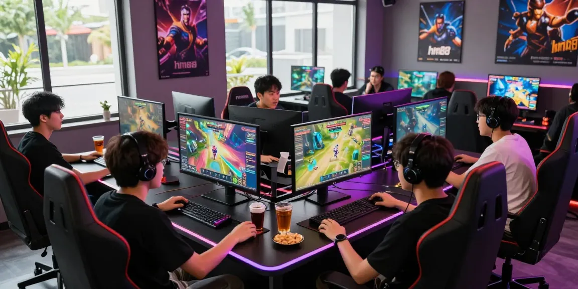 Engaged gamers at hm88's online gaming platform enjoying live gameplay in a vibrant lounge.