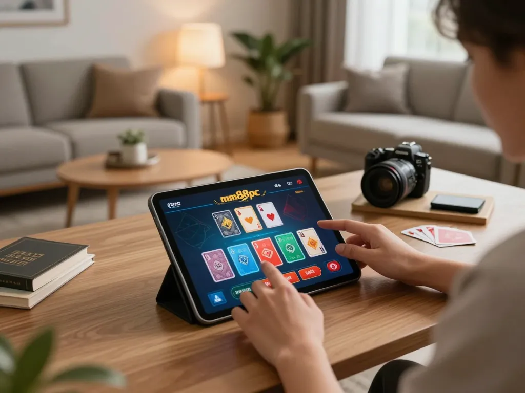 Engaged player enjoying online games on mm88pc tablet in cozy home environment