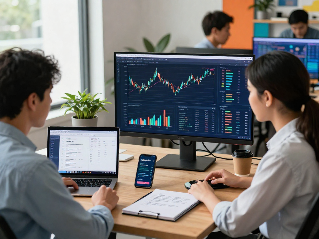 Financial professional analyzing debet management data in a modern workspace with digital banking charts.