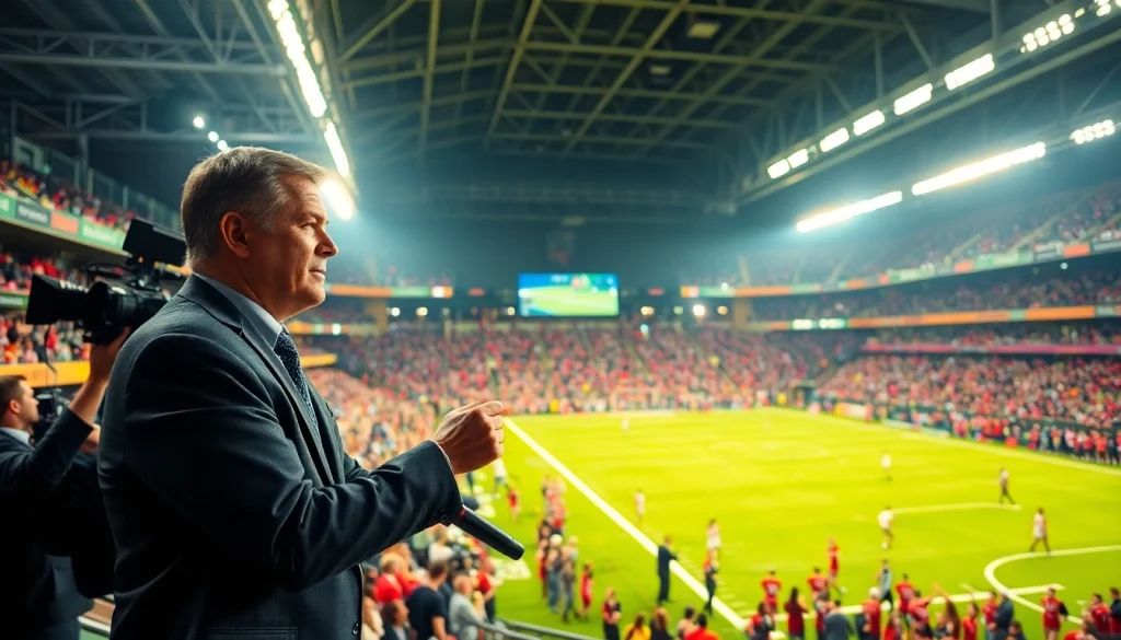 Engaging sports broadcasting scene showing a broadcaster on-air amidst an electrifying crowd.