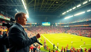 Engaging sports broadcasting scene showing a broadcaster on-air amidst an electrifying crowd.