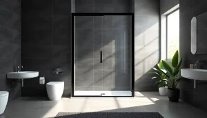 Elegant black shower sliding door enhances a modern bathroom design with sleek features.