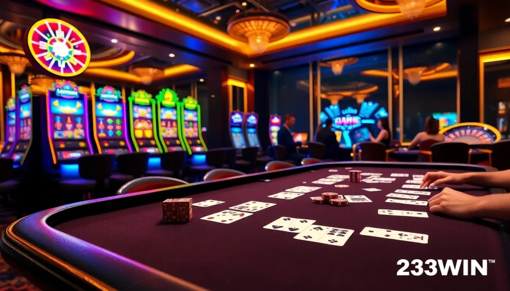 Experience the excitement of 23WIN with a luxurious casino scene featuring engaging poker tables and vibrant slot machines.