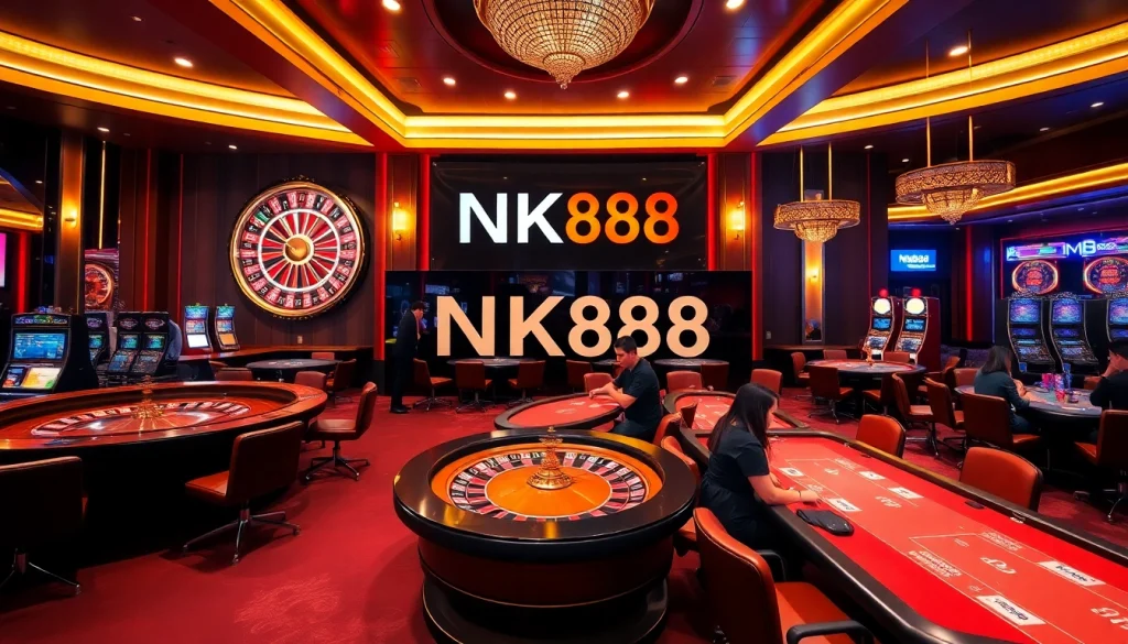 Engaging gamblers at luxury tables in NK888 casino, emphasizing excitement and action.