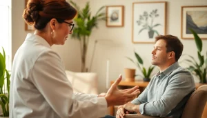 Therapist assisting a client dealing with stress and anxiety in a cozy office.