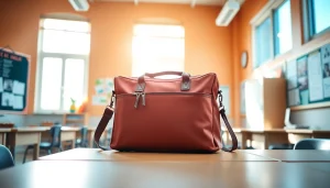 Zeigt eine Handytasche Klassenzimmer auf einem stilvollen Schreibtisch im Klassenzimmer.
