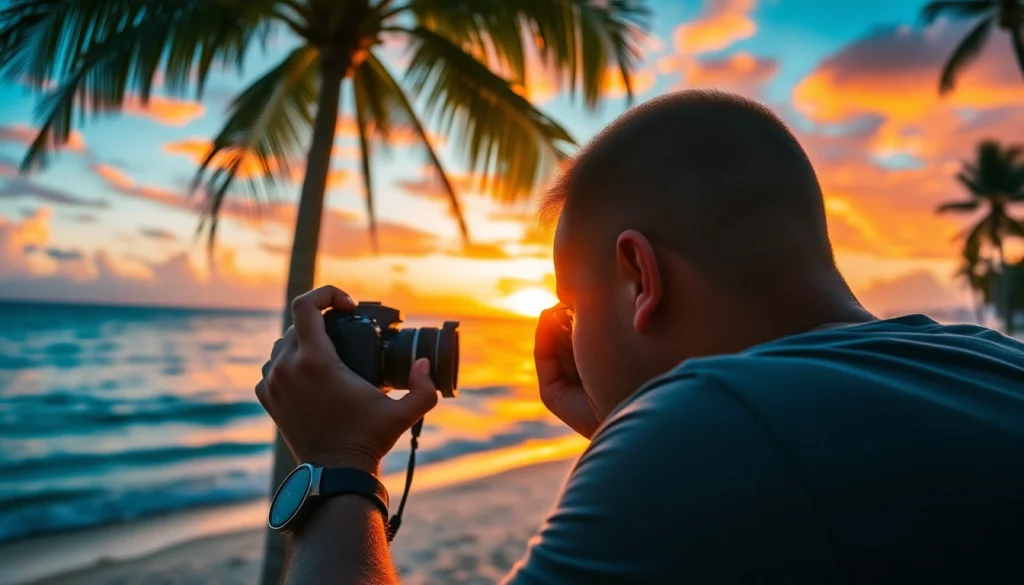 Destination photographer capturing stunning sunset over a tropical beach with vibrant colors.