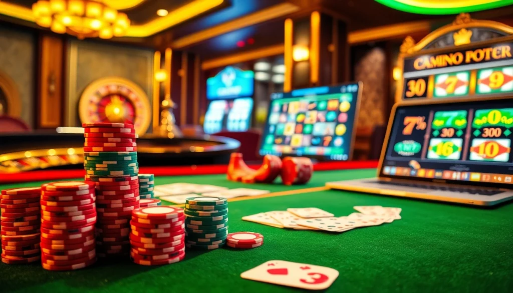 Experience the excitement of winning at https://okfun.money/ with vibrant poker chips and roulette wheels in a luxurious casino setting.