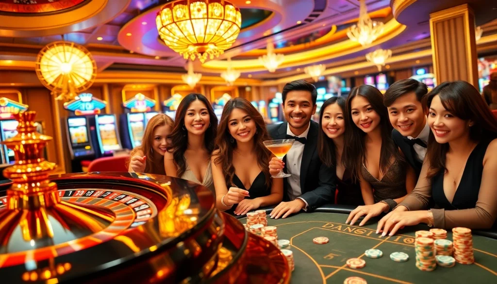 Kèo nhà cái 5 chuẩn highlights an exciting casino scene with happy gamblers at the roulette wheel.