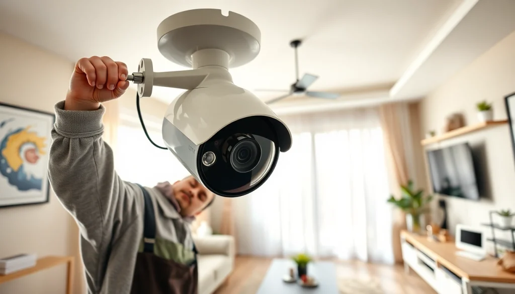 Soporte técnico en cámaras de seguridad con un técnico instalando una cámara de seguridad en una casa moderna.