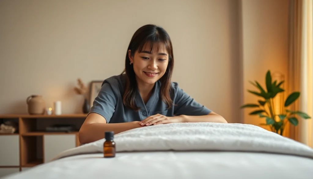 집에서의 평택출장마사지의 평화로운 모습, 젊은 테라피스트와 편안한 분위기를 보여줍니다.